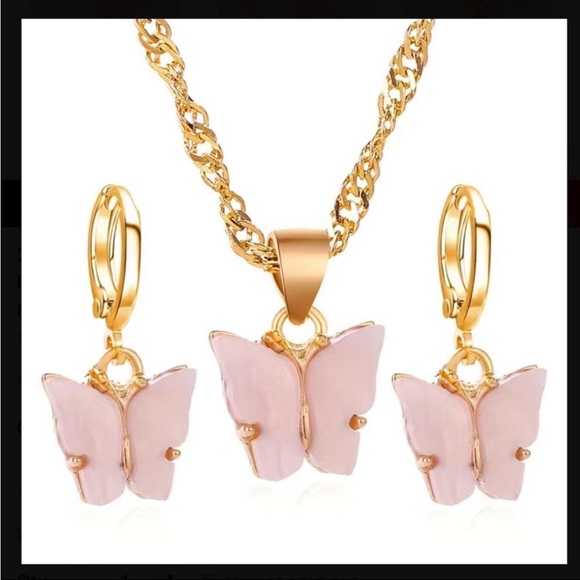 PINK TEO PIECE BUTTERFLY NECKLACE & EARRINGS SET - Picture 2 of 5